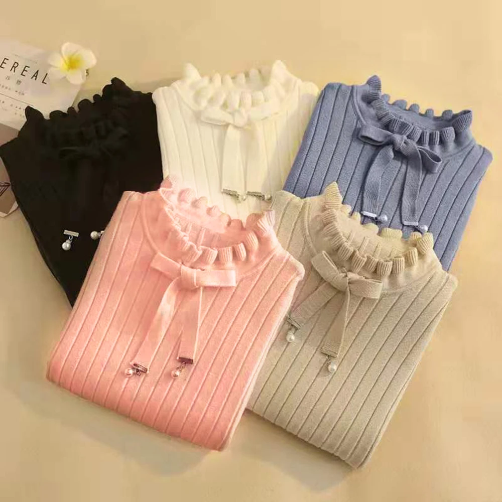 

Puimentiua Fall Casual Women Slim Sweater Winter Knitted Jumpers New Lace Up Flare Tops Ruffle Knitting Pullover Women Sweaters