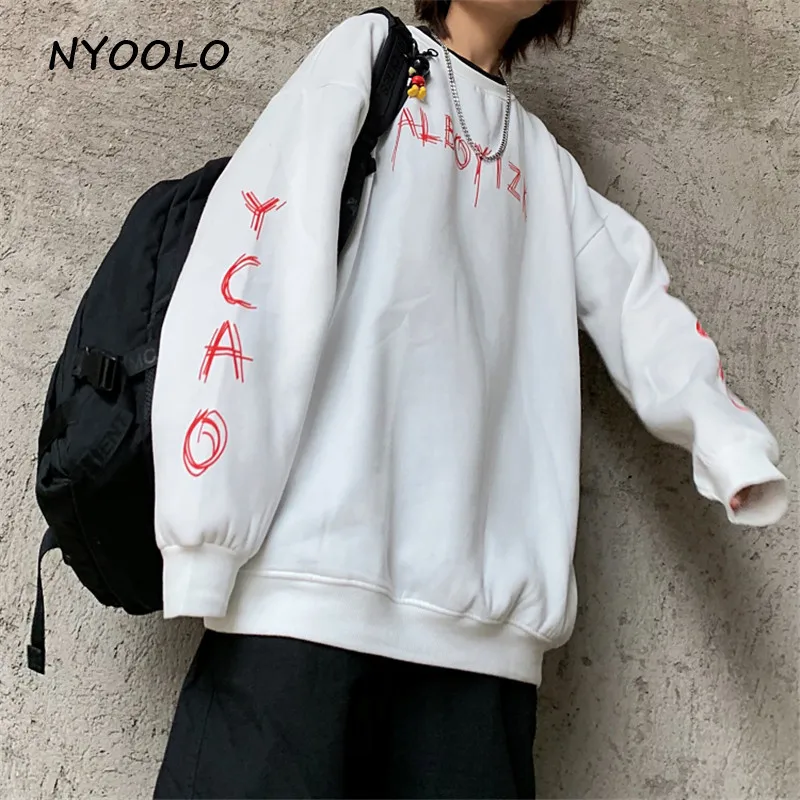 NYOOLO Harajuku стиль простые с буквенным принтом Свободные теплые белые толстовки осенне-зимняя уличная мода плюс бархатные пуловеры толстовка женская мужская одежда топы