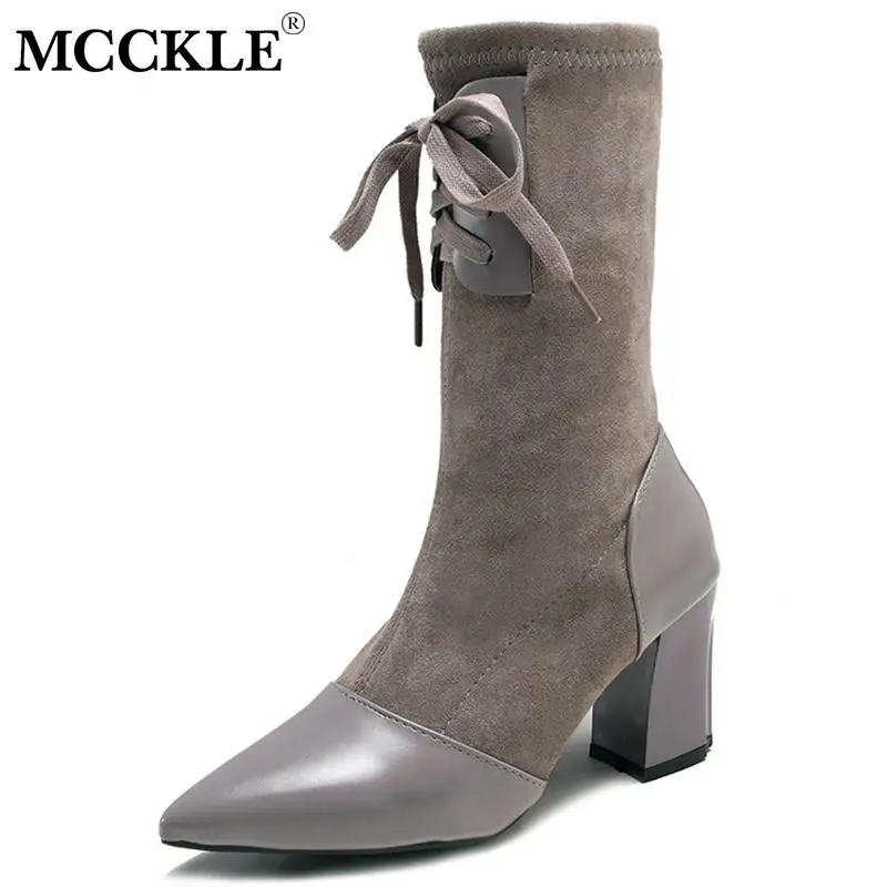 

MCCKLE Women Warm Pointed Toe Mid Calf Boots Woman Flock Lace Up Square High Heels Shoes Ladies Mixed Colo Female Boots