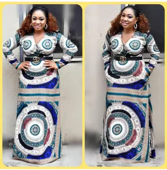 

African Design Print V neck Dashiki Dress Belt Luxury Bazin Ethnic Rock Style Vintage Maxi Robe Gowns Sexy Lady Riche