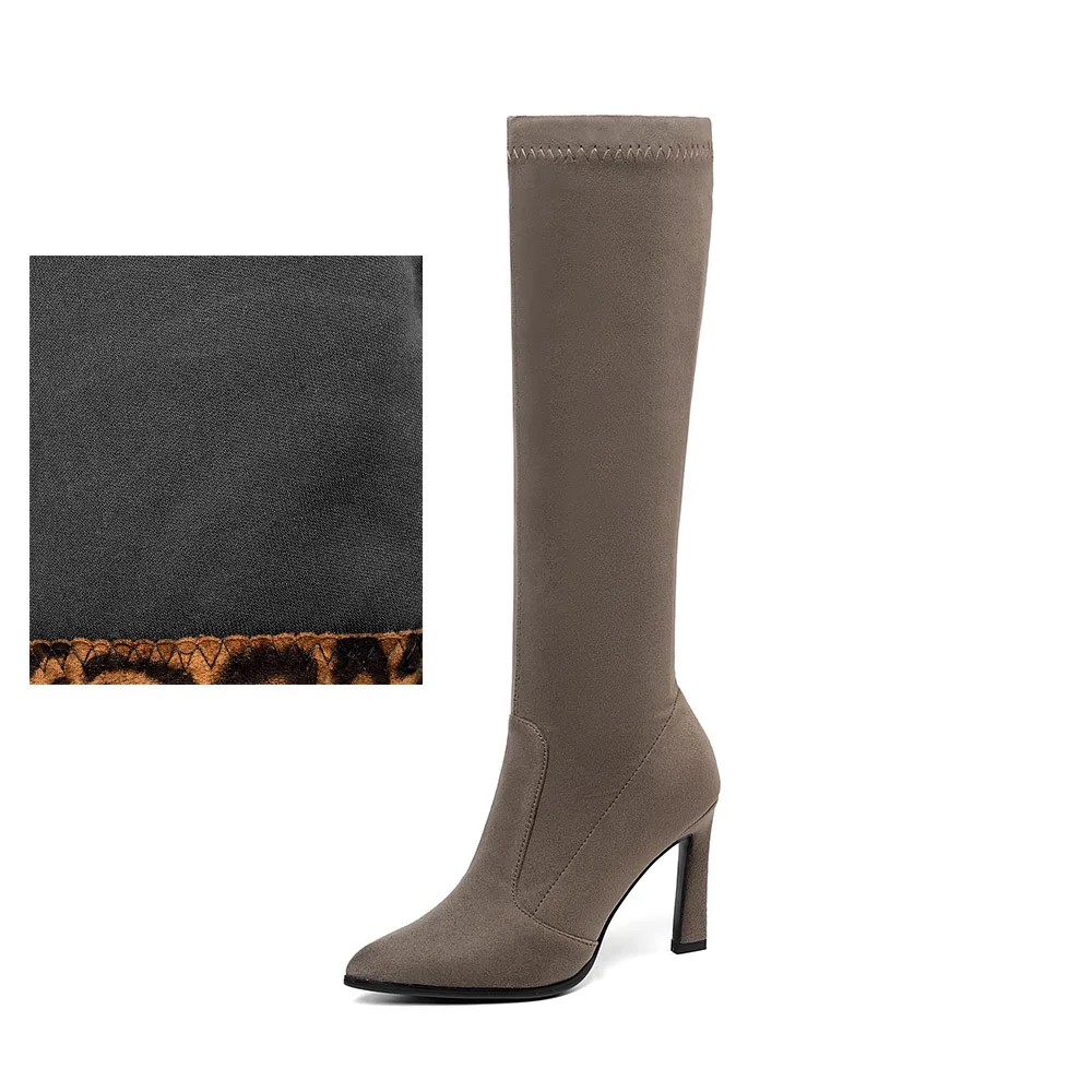Khaki fabric in Женские эластичные сапоги до колена; леопардовые зимние сапоги для женщин; вечерние сапоги до колена с острым носком на тонком высоком каблуке; цвет черный, красный; размеры 34-43 - Цвет: Khaki fabric in