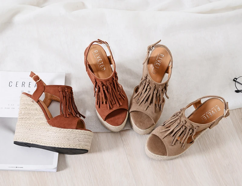 new ultra high heel wedge sandals waterproof platform muffin thick bottom Roman tassel women's sandals small size shoes 32