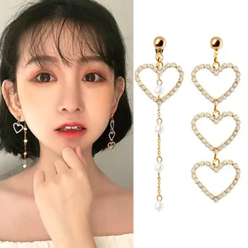 

Pendientes asimétricos en forma de corazón para chicas coreanas simples pendientes de cadena de perlas de diamantes de imitación