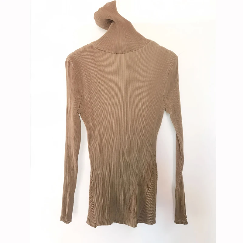 Горячая Miyake модная складывающаяся с длинными рукавами Новая Сексуальная футболка с высоким воротником Женская
