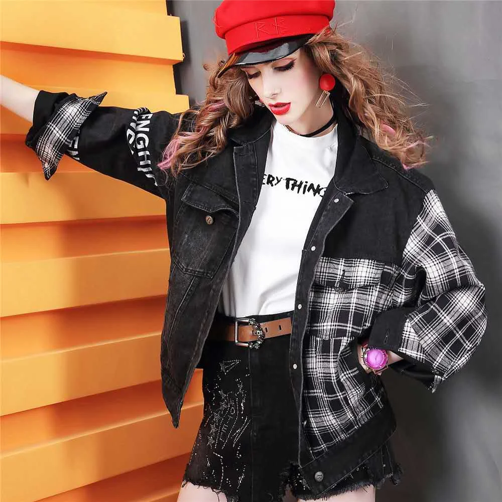 Новая Осенняя черная Свободная джинсовая куртка Harajuku бомбер уличная одежда в