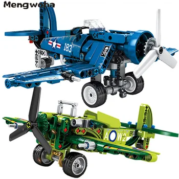 

205/6pcs Military US Airplane UK Fighter Building blocks Army WW2 technics bricks Helicopter with one figure Toys for Children