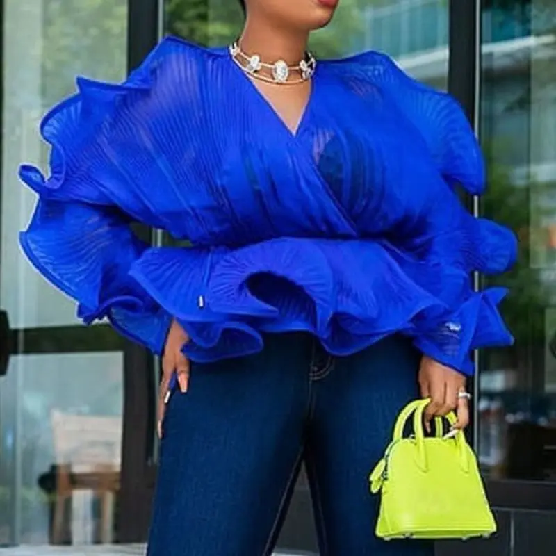 

Falbala Blue Sexy Tunic Transparent Blouse Night Club Party Women Tops Long Sleeve V Neck Mesh Ruffles Summer Fall Blouse