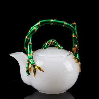 

Chinese Style Jade White Porcelain Teapot Enamel Color Strainer Bubble Teapot Glass Lifting Beam Green Bamboo Pot Kung Fu TeaSet