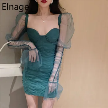 

Elnage Fashion Tight Slim Sexy New Mesh Long Sleeve Dress Wrap Chest Vestidos Spring Summer Robe Femme Women Clothing 5A513