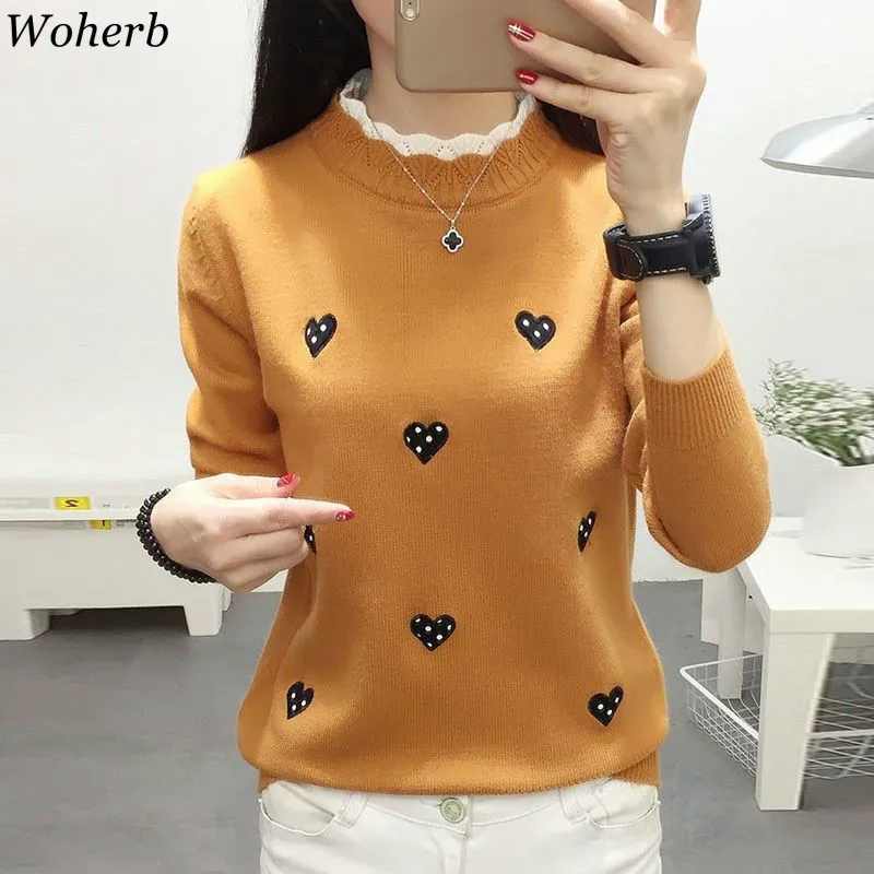 Woherb Pull Femme полуводолазка с длинным рукавом пуловер пэчворк любовь свитера с орнаментом милые модные вязаные топы Осень новинка 90973
