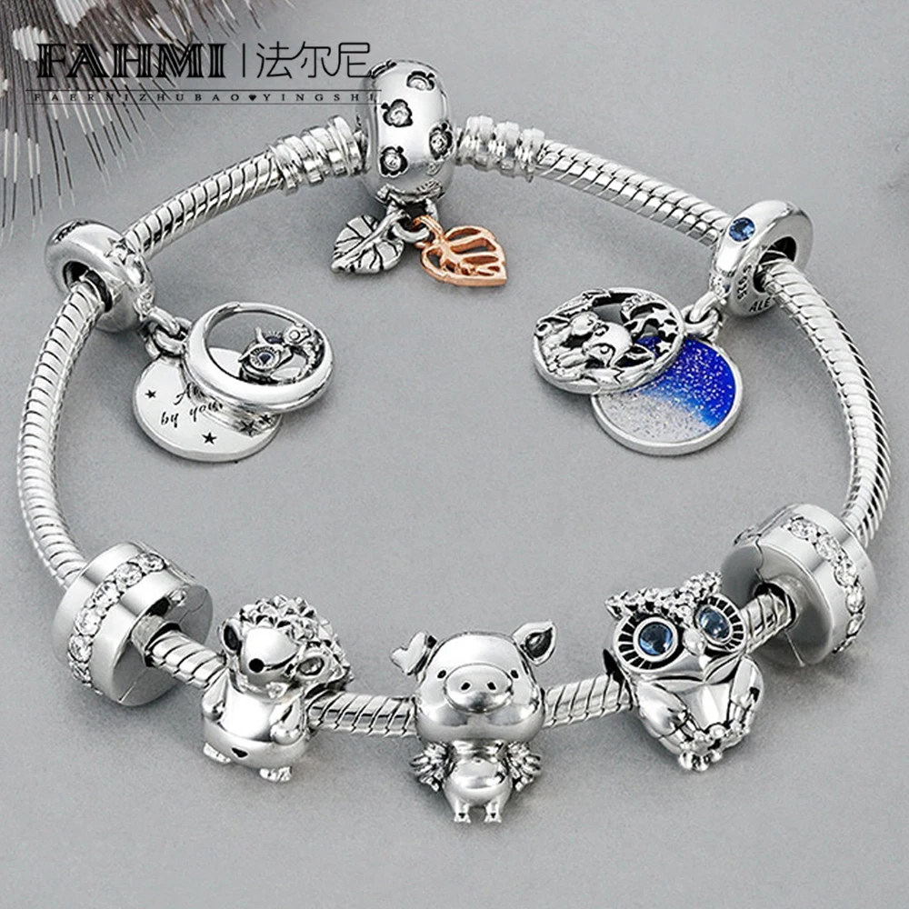 

FAHMI 100% 925 Sterling Silver 2019 Autumn Hedgehog Flying Pig Owl Fox Maple Leaf Charm Forest Friends Animal Bracelet Set