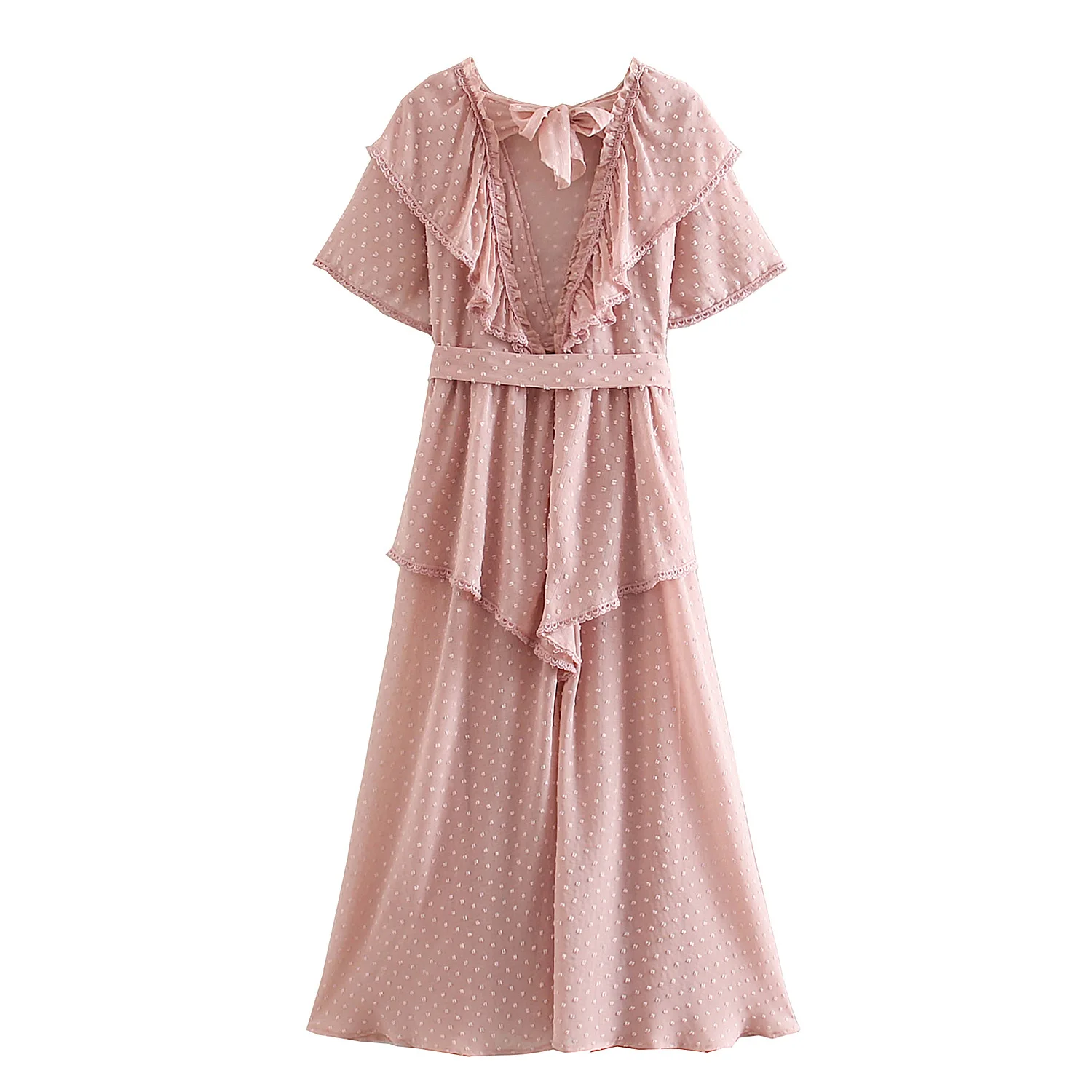 Милое розовое Прозрачное платье с рюшами и завязками на спине, элегантные вечерние платья, летние платья с поясом и расклешенными рукавами, длинное платье в стиле бохо из бледного шифона