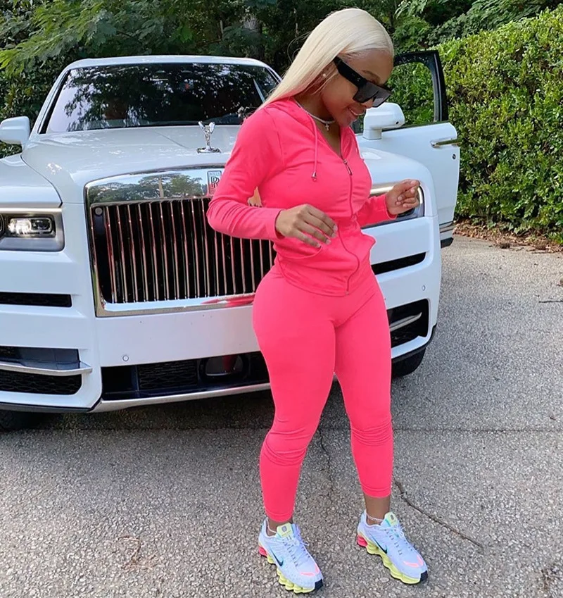 Tracksuit Women 2 Piece Set Fitness Plain Color Zipper Up Hoodies Skinny Leggings Sporty Sweatpants Matching Outfits Activewear