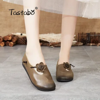 

Tastabo Genuine Leather Handmade Women Shoes Simple Elegant style Brown Khaki S9228 Soft flat daily shoes Driving shoes 35-40