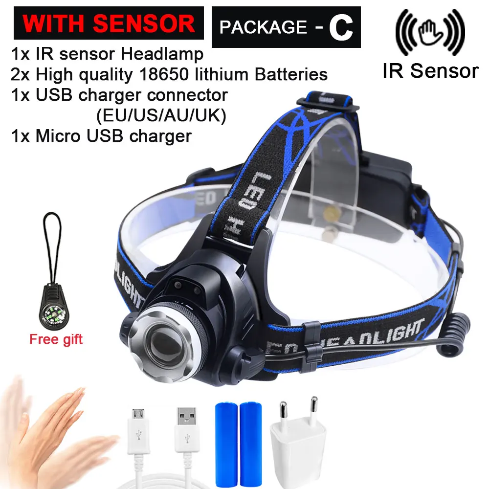 ИК-датчик, головной светильник, USB Перезаряжаемый, V6/L2/T6, индукционный светодиодный налобный фонарь, налобный светильник для рыбалки, налобный фонарь, фонарь, аккумулятор 18650 - Испускаемый цвет: Package C