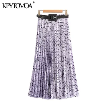

KPYTOMOA Women 2020 Chic Fashion With Belt Print Pleated Midi Skirt Vintage High Waist Side Zipper Female Skirts Faldas Mujer
