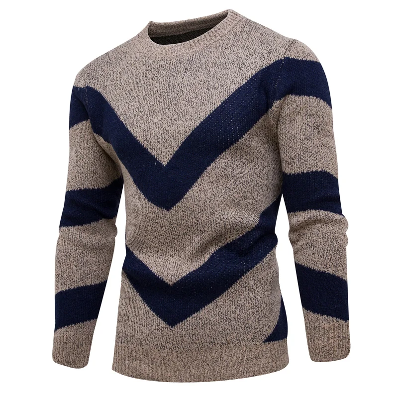 

2021New fashion round neck stitching color handsome trendy men's hedging blended wool running casual sweater