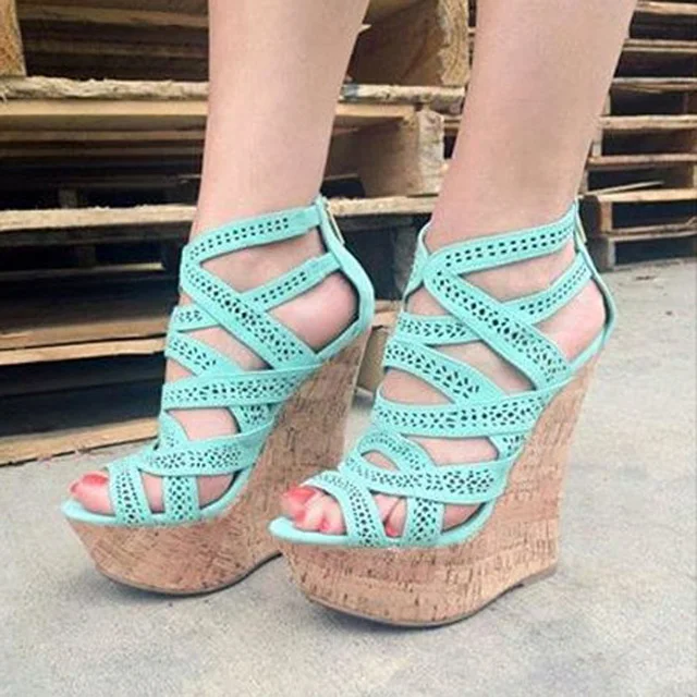Women Mint Green Orange Perforation Crossed Strap Wedge Heel Sandals