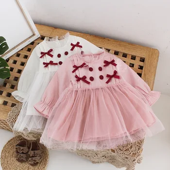 

2020 Spring Baby Kids Long Sleeve O Neck Patchwork Mesh Infant Girls Cute Tutu Dress Princess Party Dresses vestido infantil