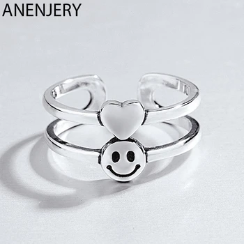 

ANENJERY Vintage Double Layer Love Heart Smiling Face 925 Sterling Thai Silver Rings Adjustable S-R507