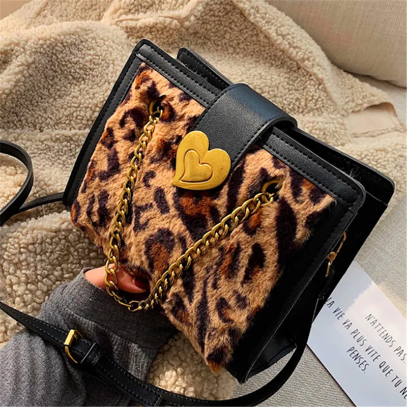 

Leopard Print Women Tote Shoulder Bags High Quality Plush Handbag Chain Square Messenger Bag Heart-shaped Hasp Lady Satchel Bags