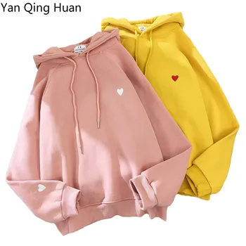 

2020 New Winter Women Hoody Sweatshirt Embroidered Harajuku Love Heart Pullover Long Sleeve Loose Lady Pink Top Sportswear