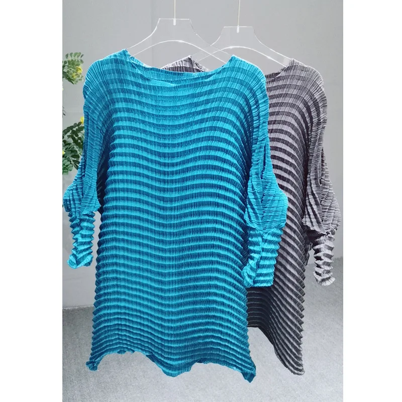 Новая Осенняя Свободная Женская одежда MIYAKE pleat большого размера Однотонная футболка с рукавом 7 минут