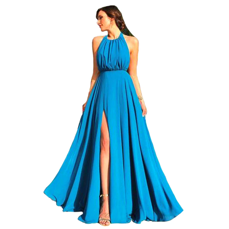 

Real Rill Halter Side Slit Evening Dress Chiffon Lace Up Back Floor Length Long Prom Dress Backless Formal Dress