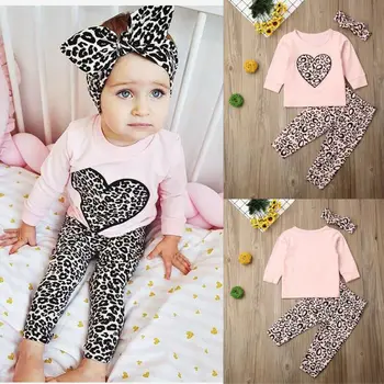 

3PCS Set Newborn Infant Baby Girl Outfits Long Sleeve Heart Shaped Clothes Set Tops Bodysuit+Leopard Pants Leggings 3PCS Set
