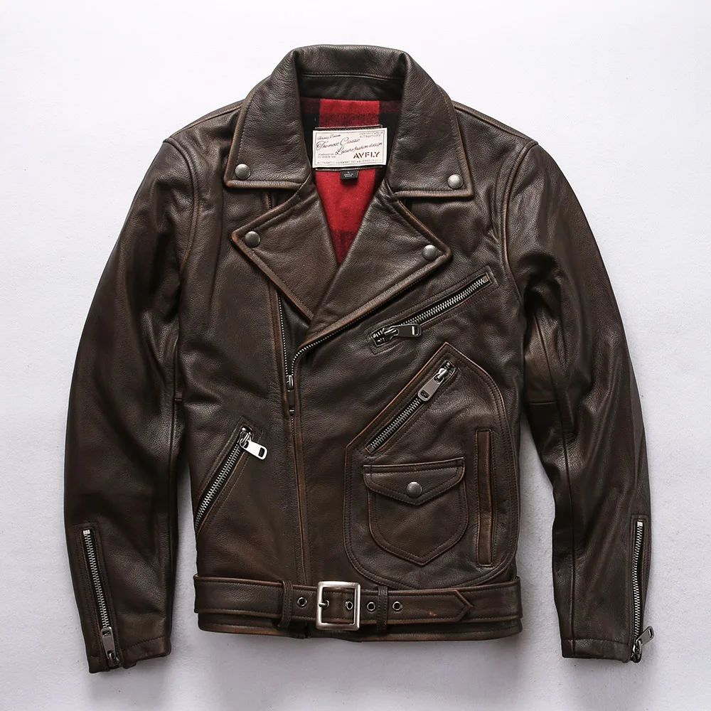 Новая мужская черная индивидуальная мотоциклетная кожаная куртка модная большая нагрудная диагональная молния водитель, байкер куртки - Цвет: Коричневый