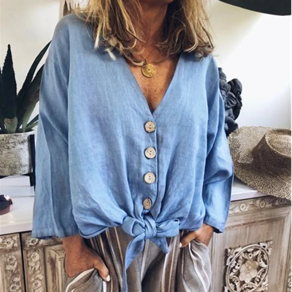 

Solid Color Womens Tops and Blouses Long Flare Sleeve Shirts Harajuku Big Button Bandage Office Lady Tops Female