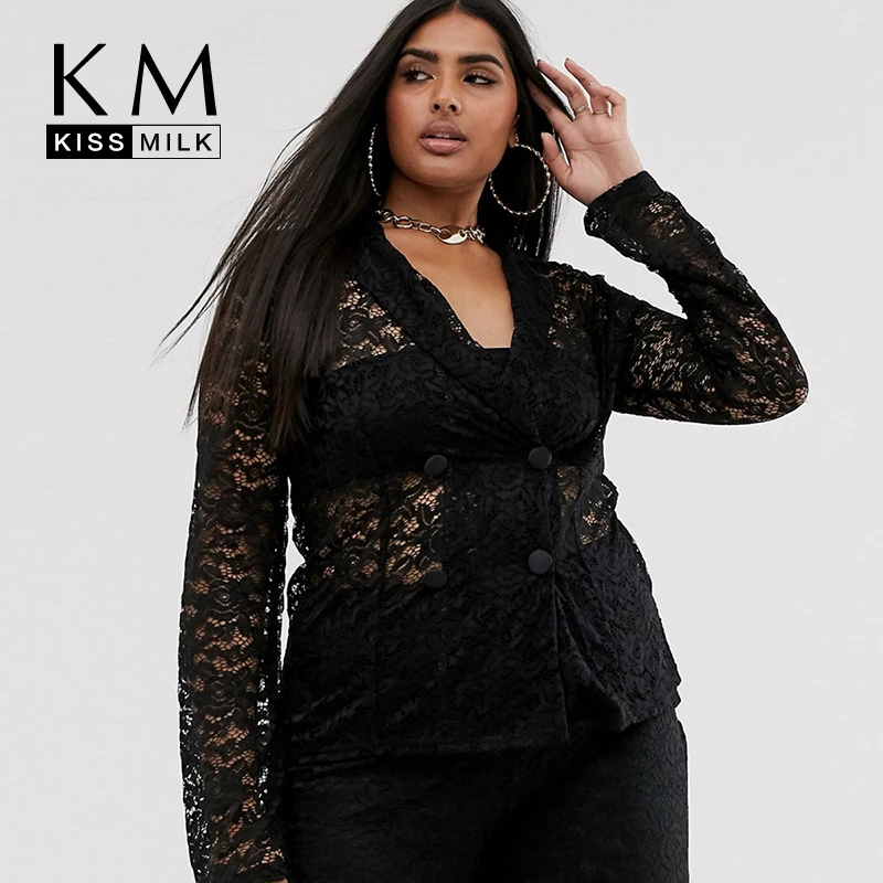 

KISSMILK Plus Size Large Loose New Fashion Ladies Casual Simple Womens Female Hollow Out Long Sleeve V-neck Lace Suit Jacket