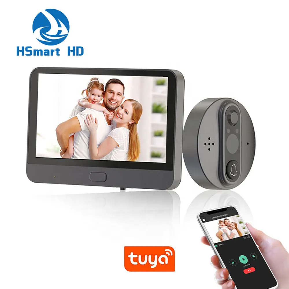 Support tuya peephole 1080p camera wireless audio doorbell wifi 4.3 inch touch screen video intercom system