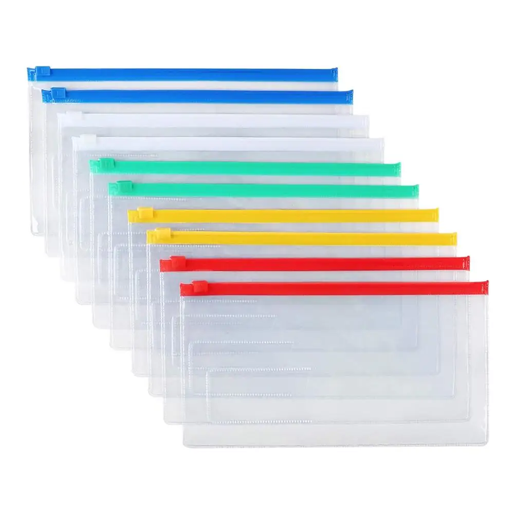 5PCS Plastic Envelopes Poly Clear Zip Envelopes Organizers Bags Zipper File Folders, A4 Size 5 Color