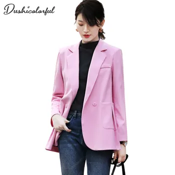 

Dushicolorful Woman Blazer Pockets Jacket Coat Double Breasted Chic Long Suit Female Khaki Pink Casual Cardigan high quality