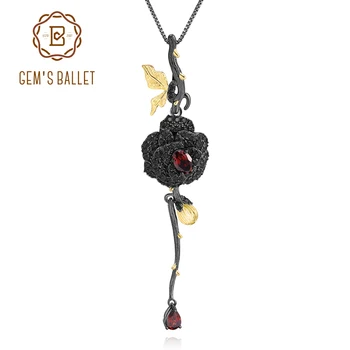 

GEM'S BALLET Natural Garnet Black & 18k Gold Over 925 Silver Two Tone Handmade Rose Flower Woman’s Statement Pendant Necklace