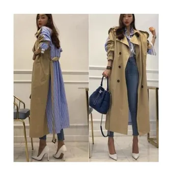 

Best Selling Vintage Stripe print Patchwork loose overcoats beautiful pocket design cozy winter trench