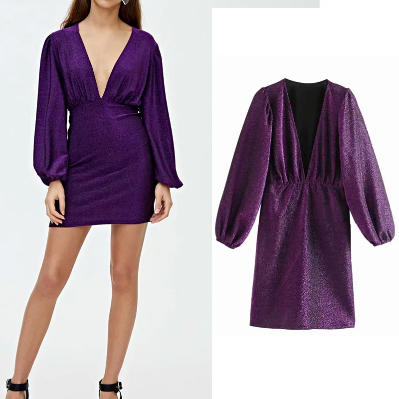 Za 2019 фиолетовое блестящее облегающее женское платье мини с глубоким v образным