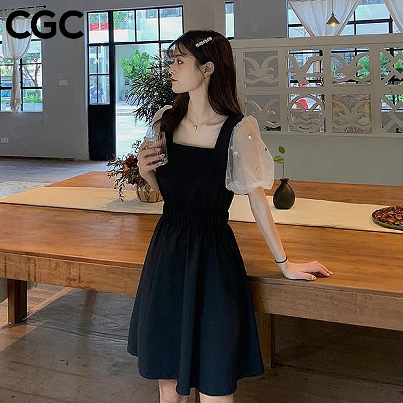 

CGC 2021 Summer New Sexy Woman Dress Casual Puff Sleeve Slim Mini Dress Vintage French One Word Collar Female Solid Dresses