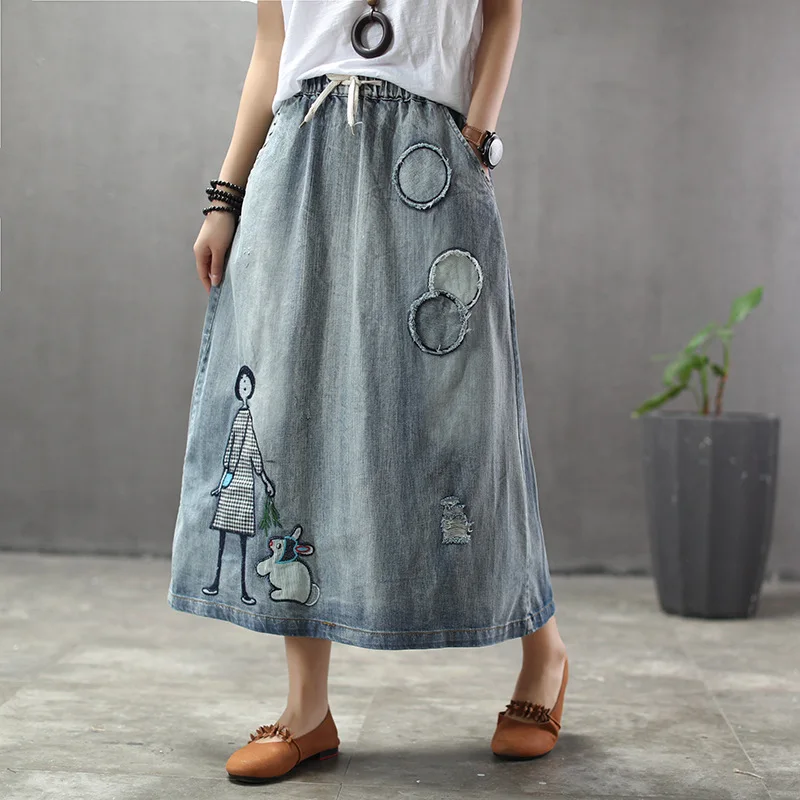 В этническом стиле ретро принт маленькая девочка кролик джинсовая юбка T эластичный пояс кружево ретро юбка