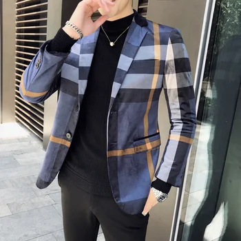 

Autumn Vintage Business Casual Homens Blazer Hombre Terno Masculino Stylish Blazers One Button Plaid Check Blazer Men Slim Fit