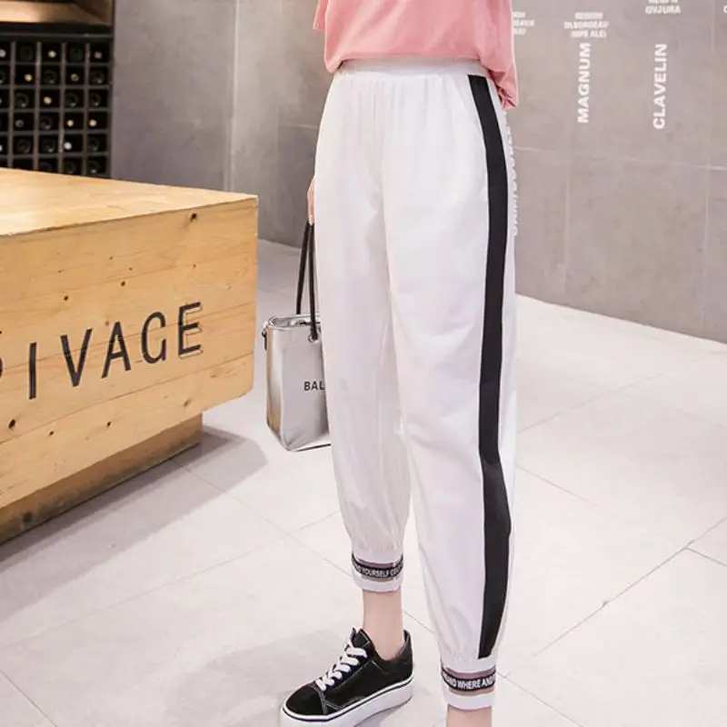 

Women Casual Harem Pants Harajuku Ankle Length Trousers Loose High-Elastic Pants Streetwear Sports Side White Pants