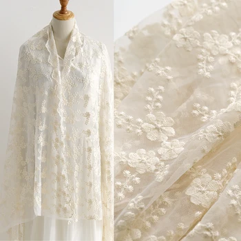 

Fashion high-end Flower Lace Beige Mesh Jacquard Embroidery Tulle Lace Fabric Dress Skirt DIY Craft Wedding Accessories D746