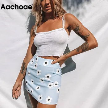 

2020 Summer Floral Printed Sexy Mini Skirt Women Blue Color Beach A Line Skirts Back Zipper Bodycon Skirt Lady Faldas Cortas S-L