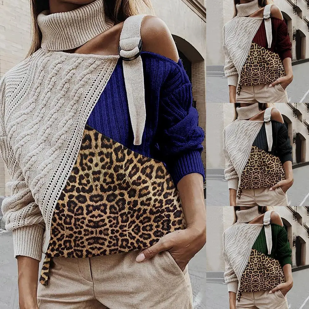 

Puimentiua Leopard Patchwork Sweater Women 2019 Sexy Off Shoulder Knitted Jumpers Pullover Fashion Batwing Long Sleeve Top Mujer