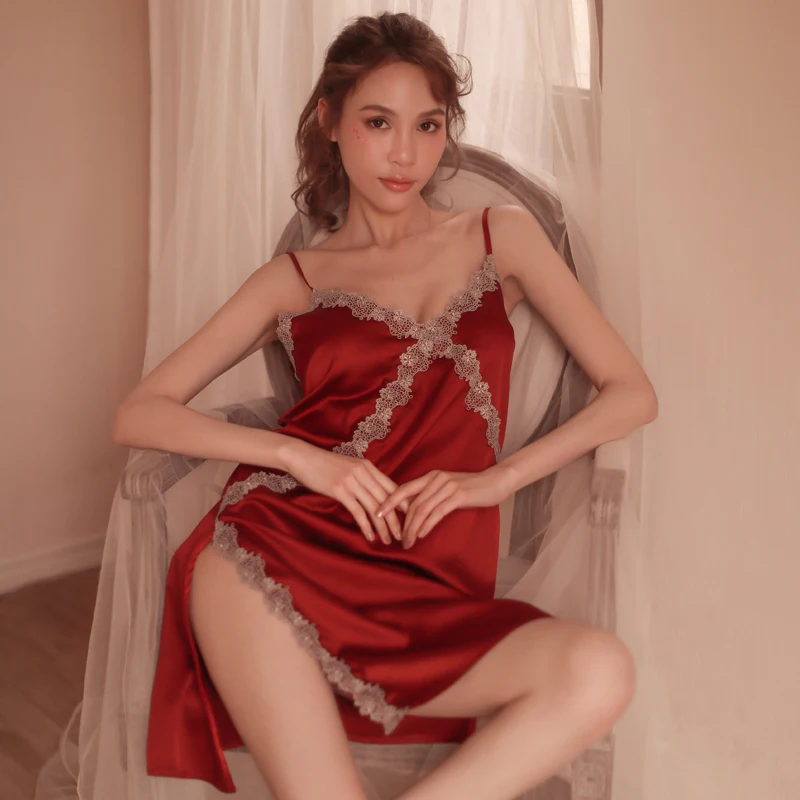 Sexy erotic lingerie girls lace ice silk high slit woman sling night gowns nightwear nightdress 9 colors ML women s autumn and winter new sexy breathable nightdress female ice silk sling thin lace home service nightdress sj031