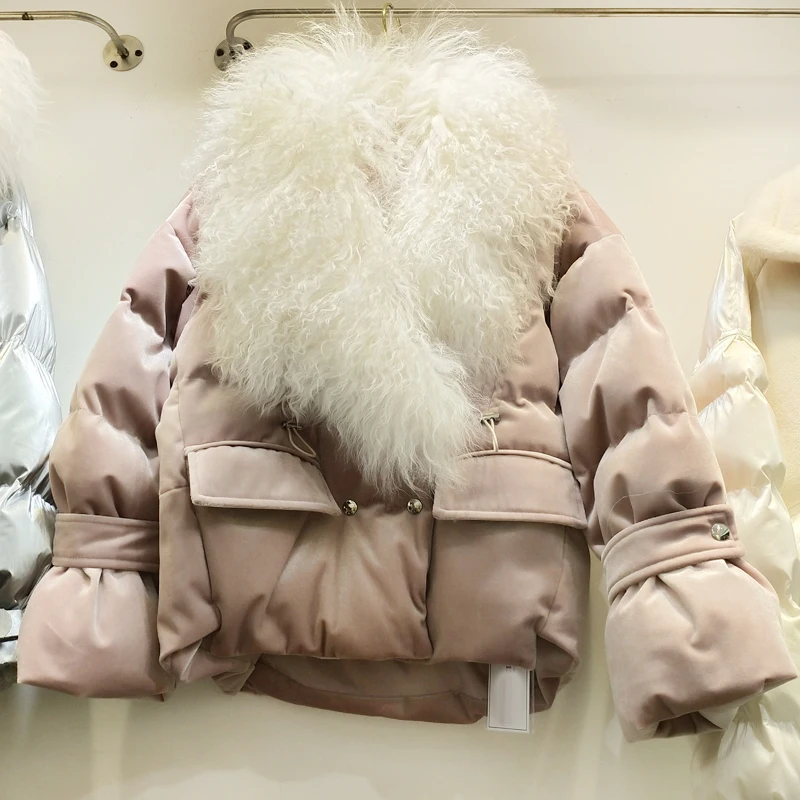 Золотое велюровое женское короткое зимнее пальто с хлопковой подкладкой парка с большим воротником из меха ягненка Свободная куртка Ins Bread куртка с хлопковой подкладкой - Цвет: Розовый