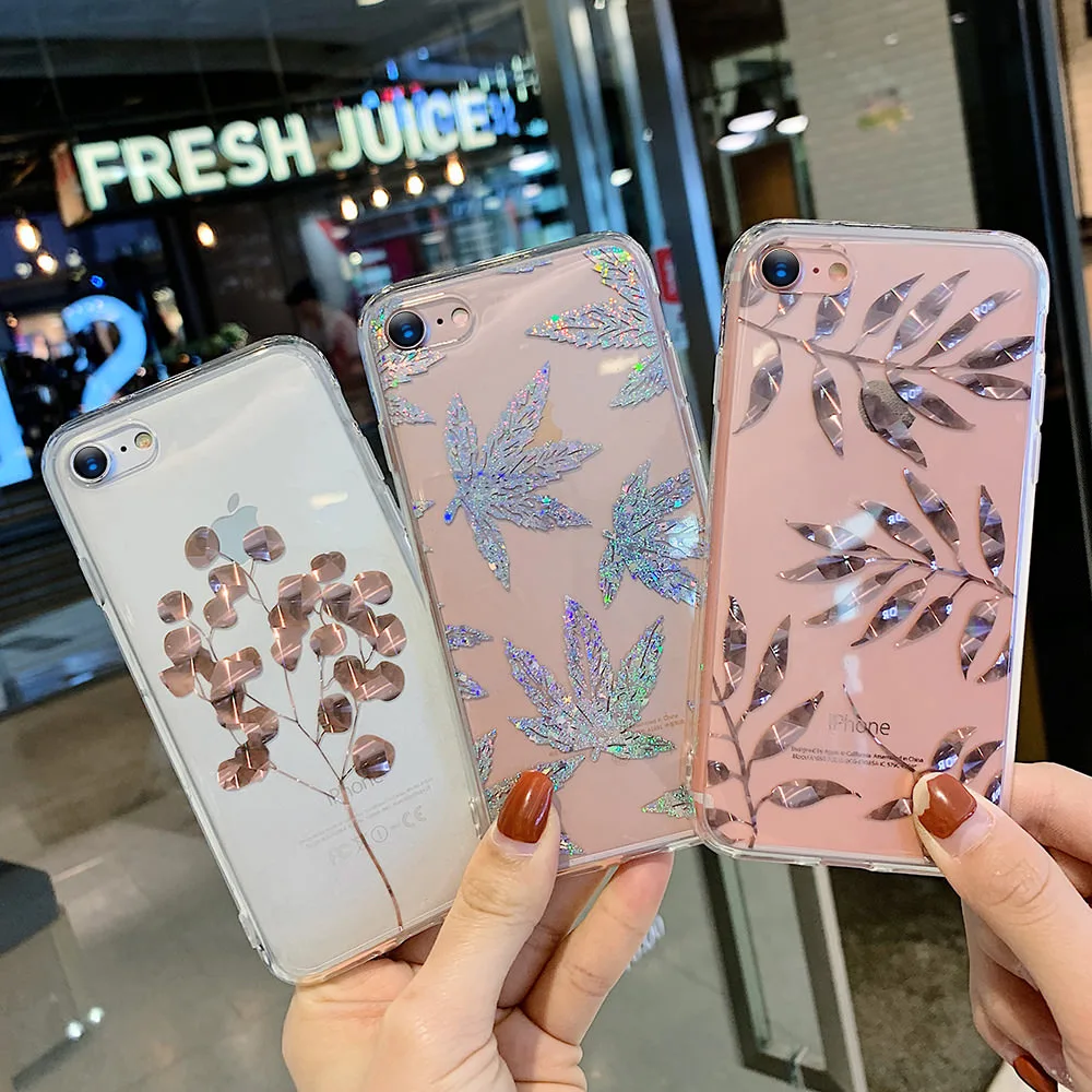 LCHULLE Stylish Laser Clear Case for IPhone 11 Pro Max X XS XR 7 8 Plus Leaf Plant Pattern Silicone TPU Slim Cover Coque Fundas | Мобильные