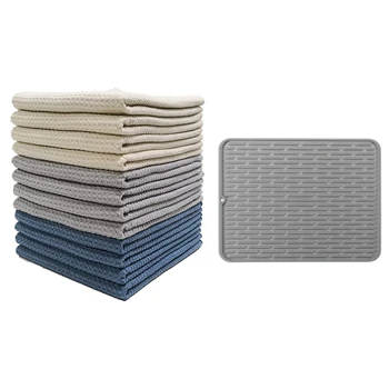 

1x Rectangle Silicone Drying Mat, Grey & 12x Microfiber Kitchen Towel Soft and Super Absorbent Dish Towels, 30 x 30cm
