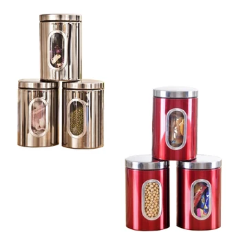 

3pcs Stainless Steel Window Canister Tea Coffee Sugar Nuts Jar Storage Set (Red)